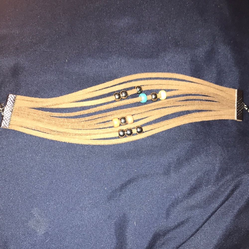 Multi-Strand Suede Choker Necklace with Bead Accents - Brown & Turquoise